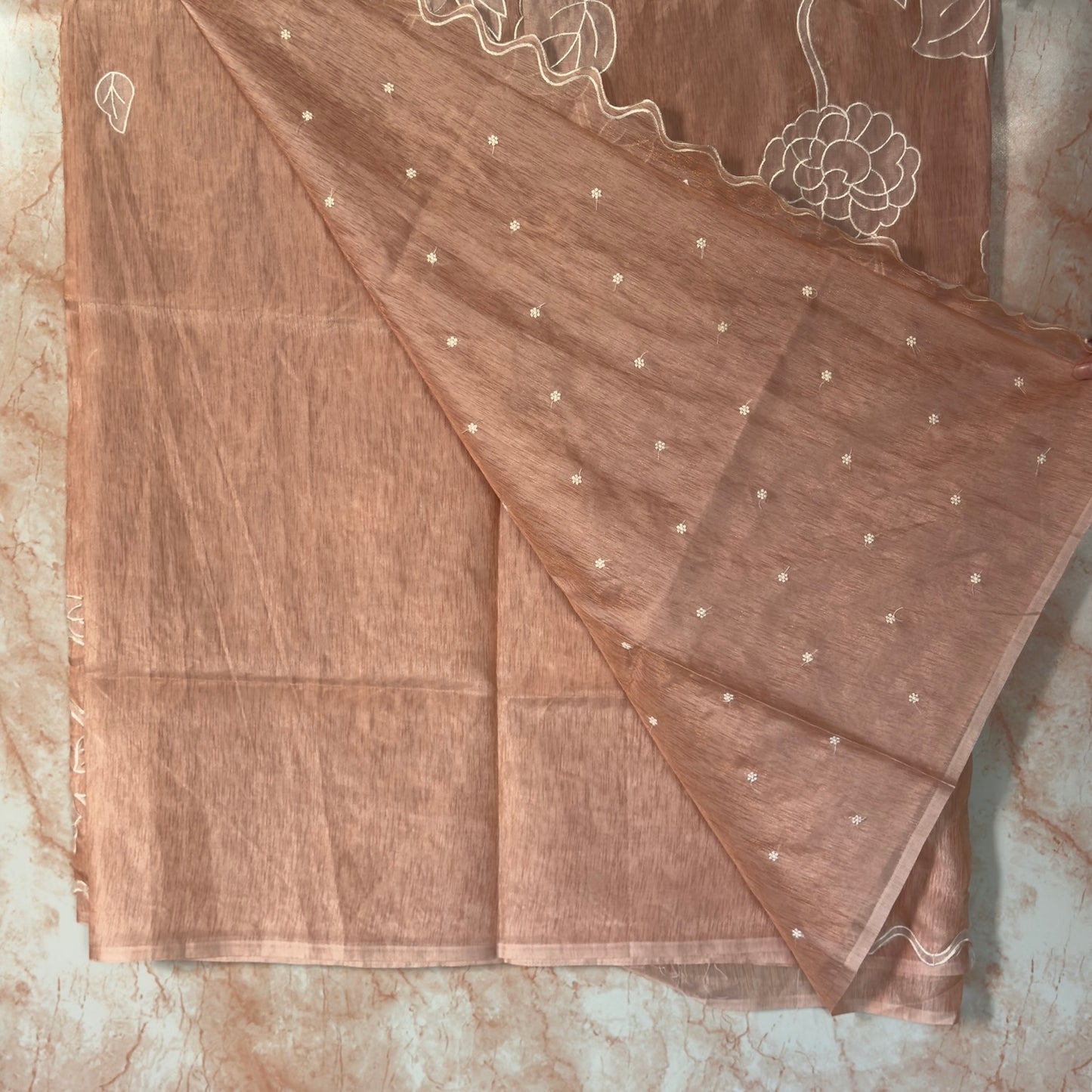 Peach Soft Tissue Organza with Applique and Scallop Work Saree