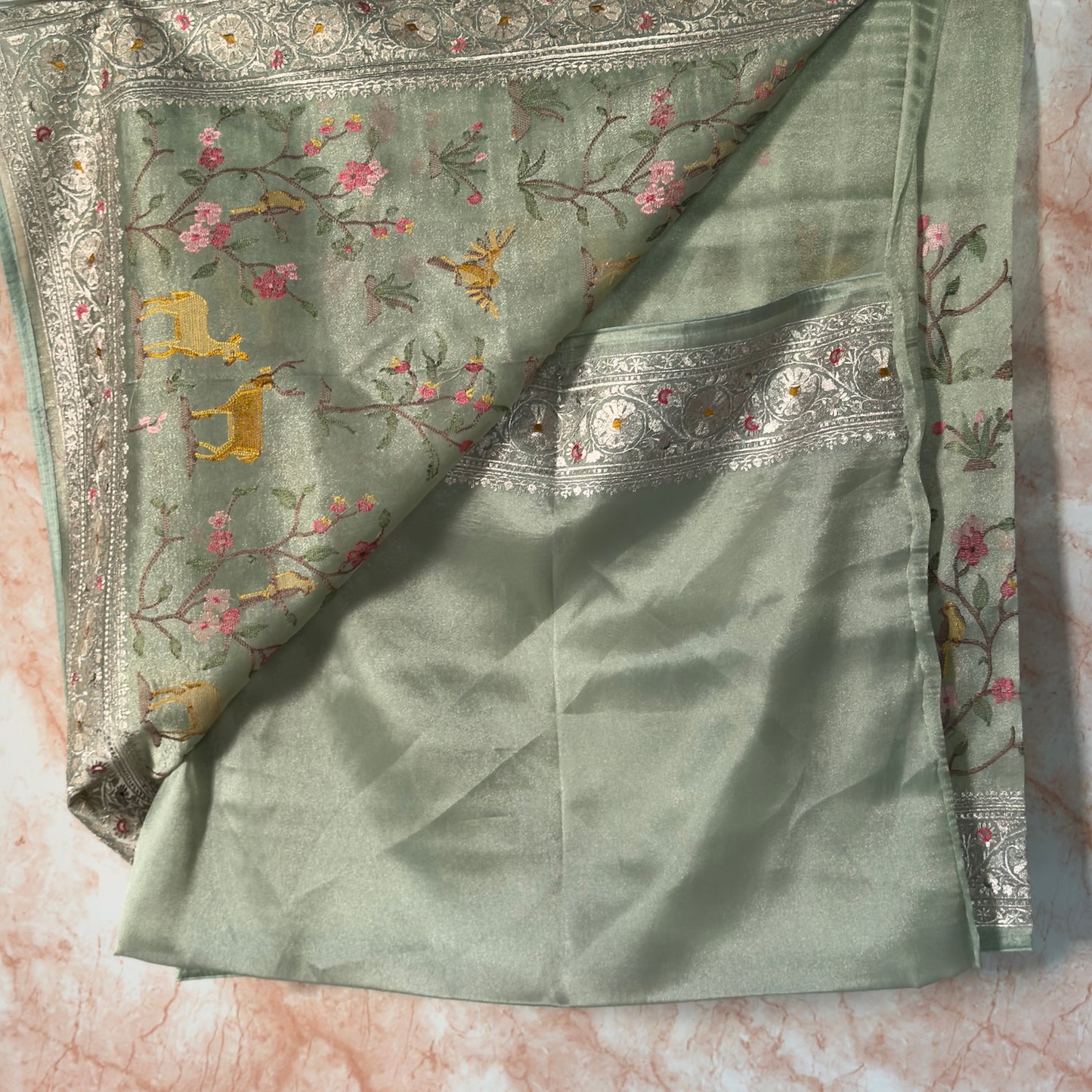 Pastel Mint Deer motifs Tissue Saree with German Silver Border