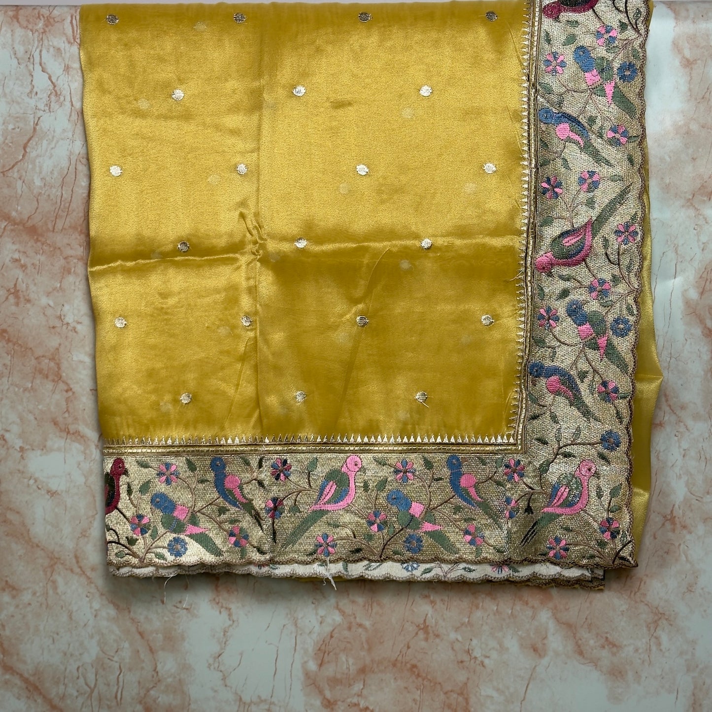 Golden Yellow tissue polka dots saree
