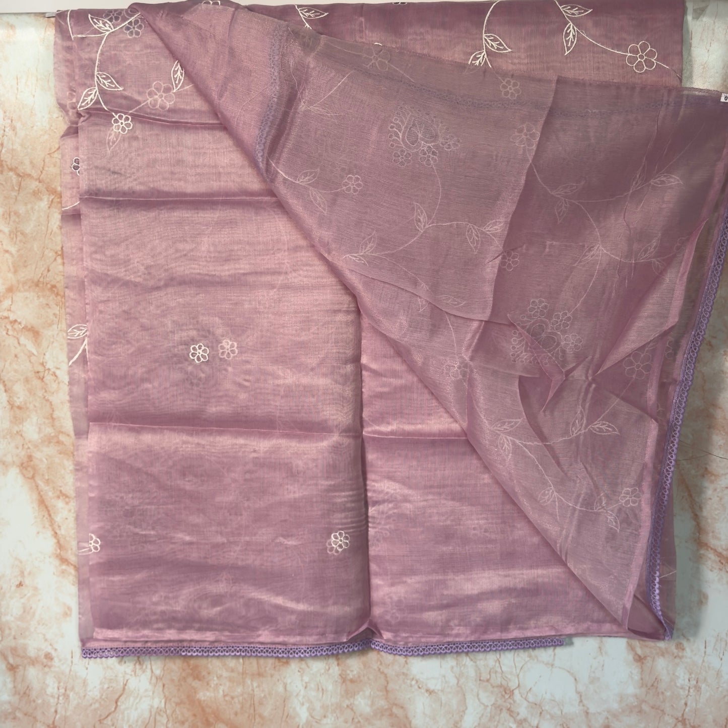 Pastel Pink Tissue Embroidered floral motif Saree