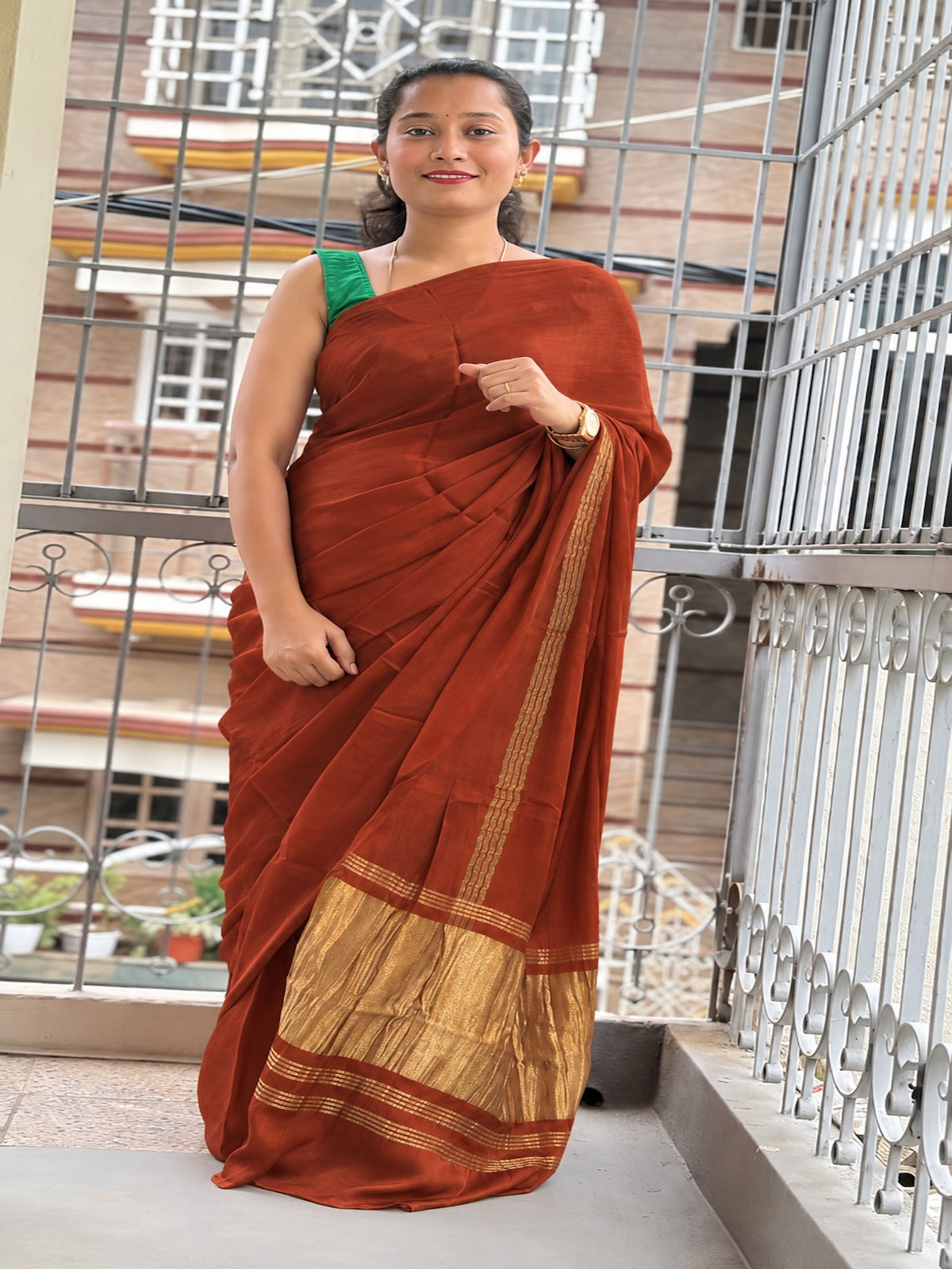 Rust brown pure modal silk saree
