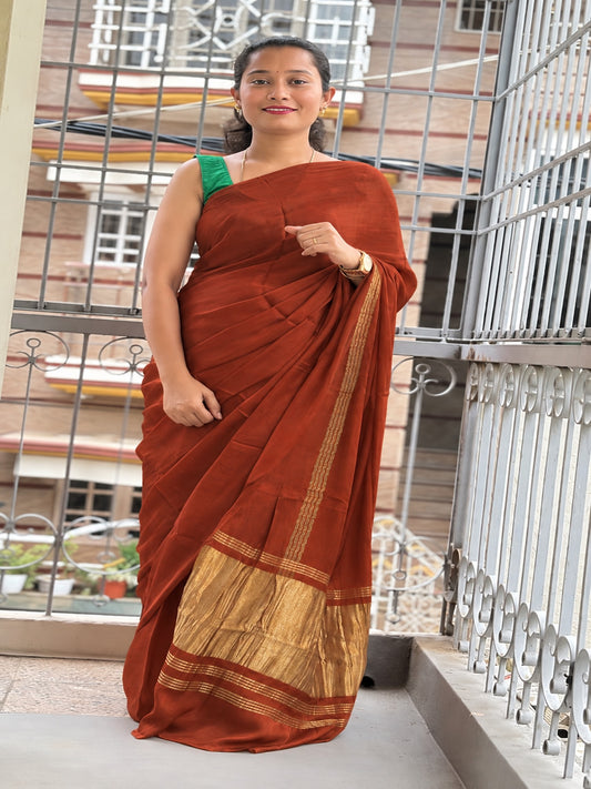 Rust brown pure modal silk saree