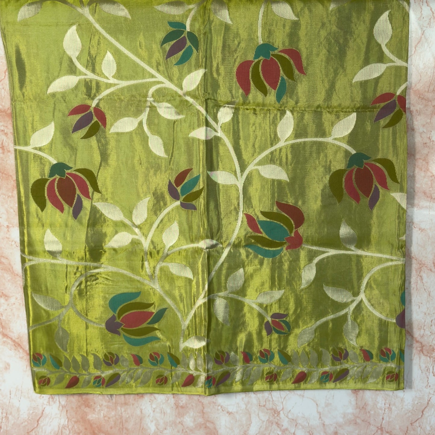 Mehandi Green leaves and floral design Crape Saree