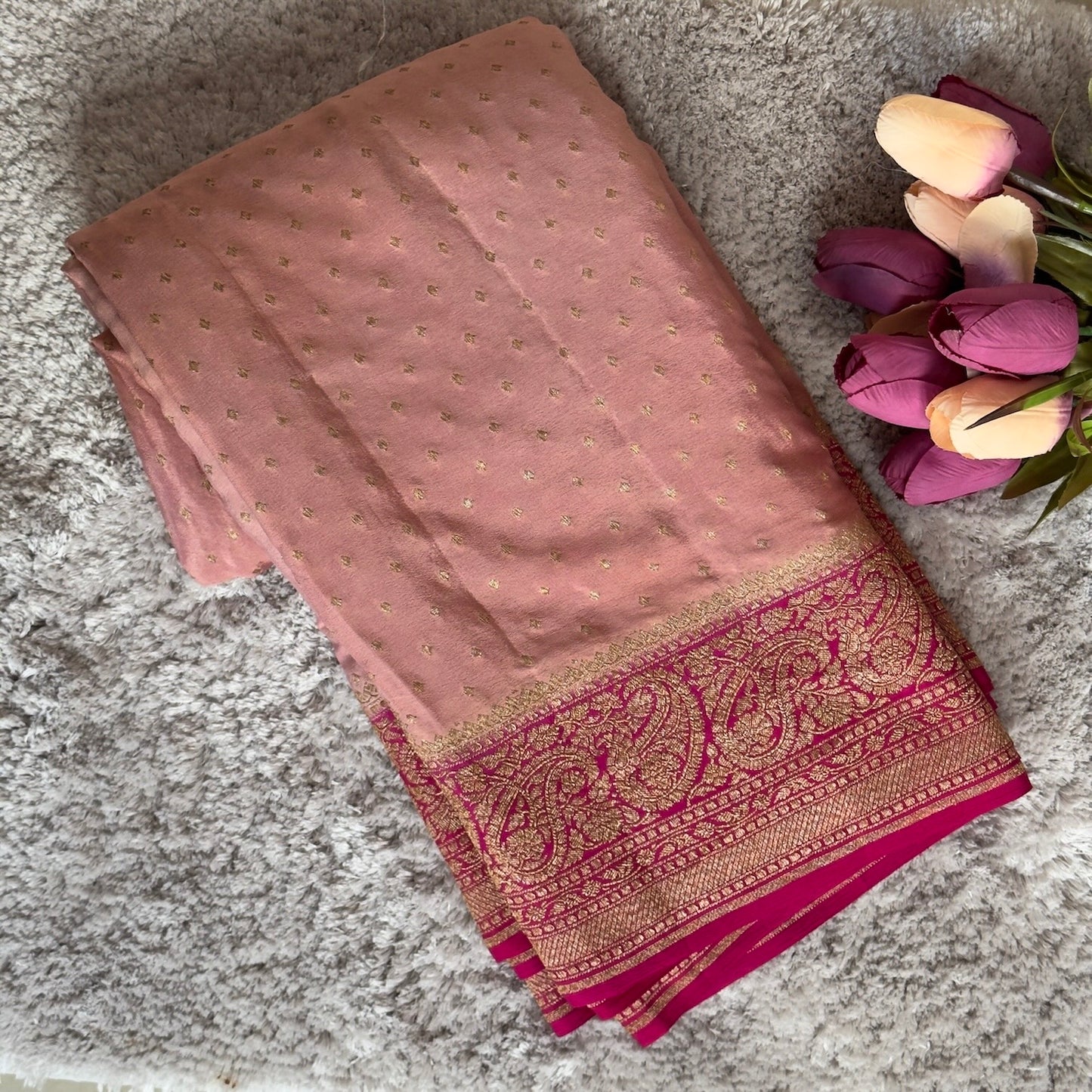 Peach and rani pink pure Banarasi crepe silk saree