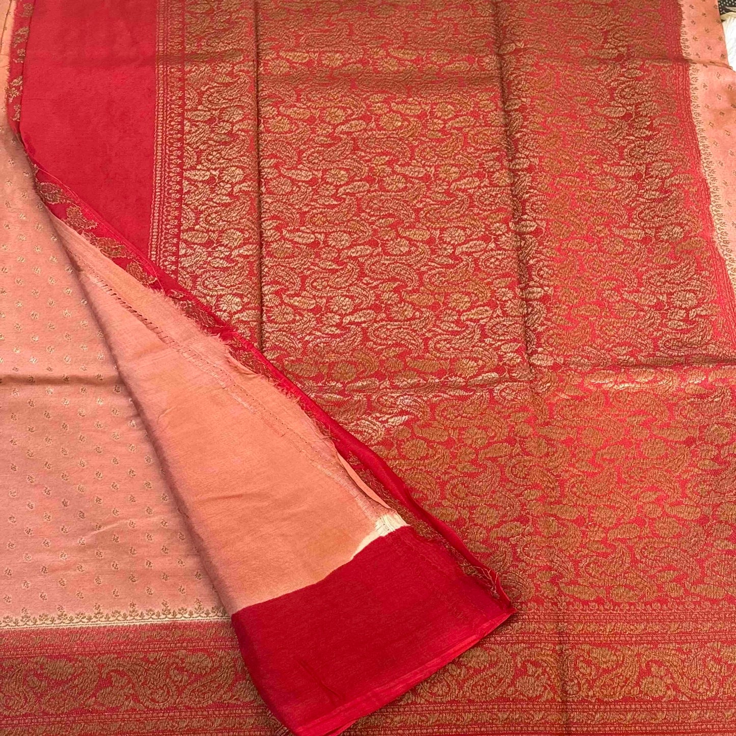Peach n Red Banarasi Chiffon Saree