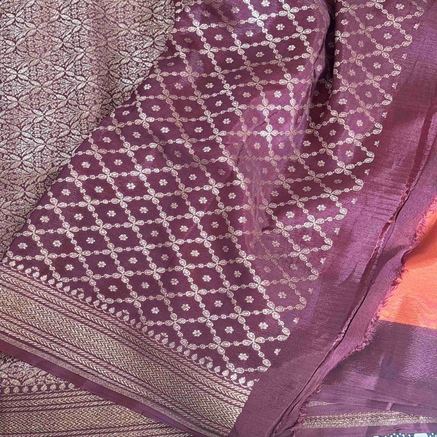 Rust Orange n Brown Banarasi Chiffon Saree