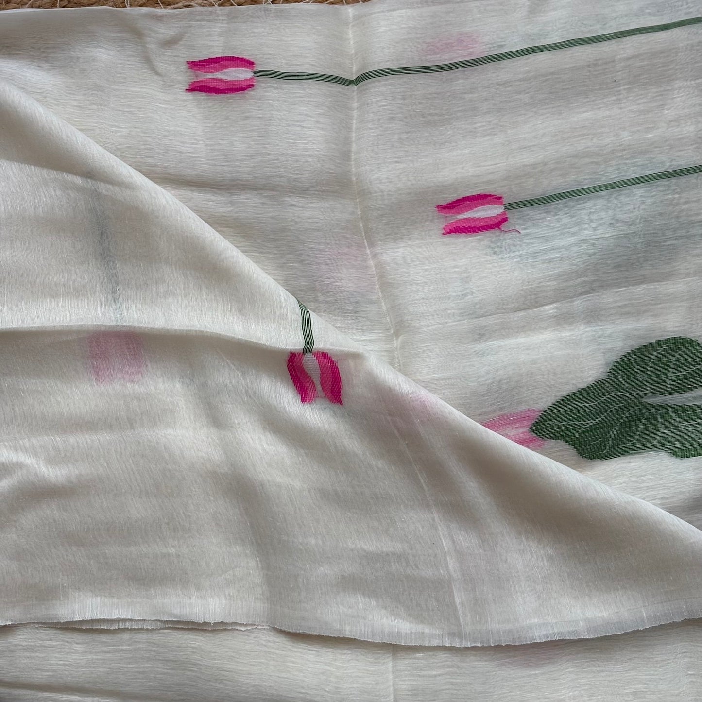 White Jamdani Pure Silk Linen Handloom Saree