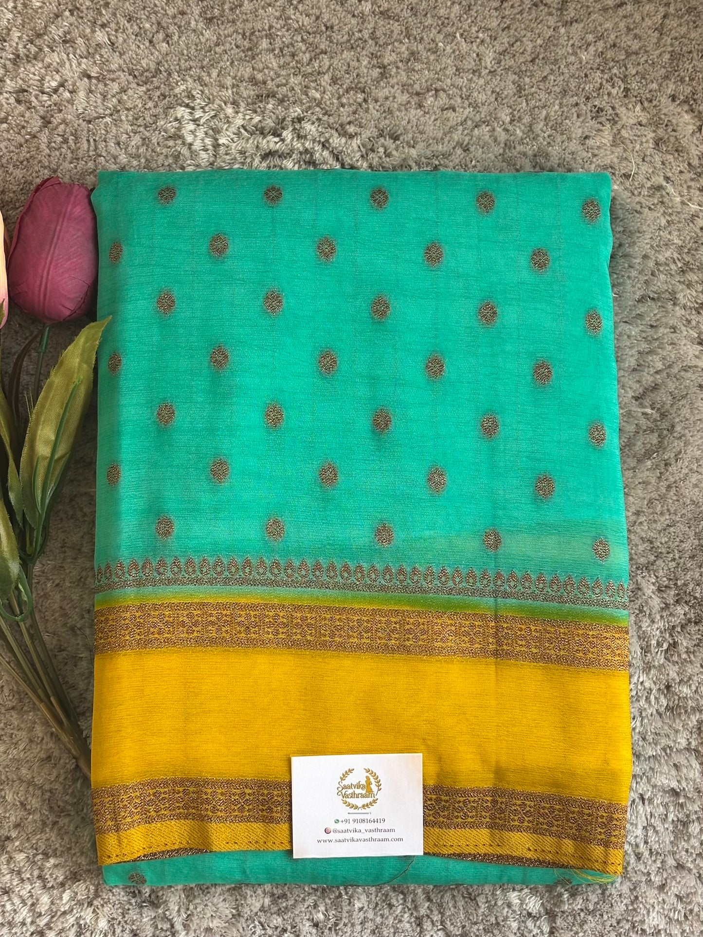 Sea Green with yellow Semi Georgette Saree