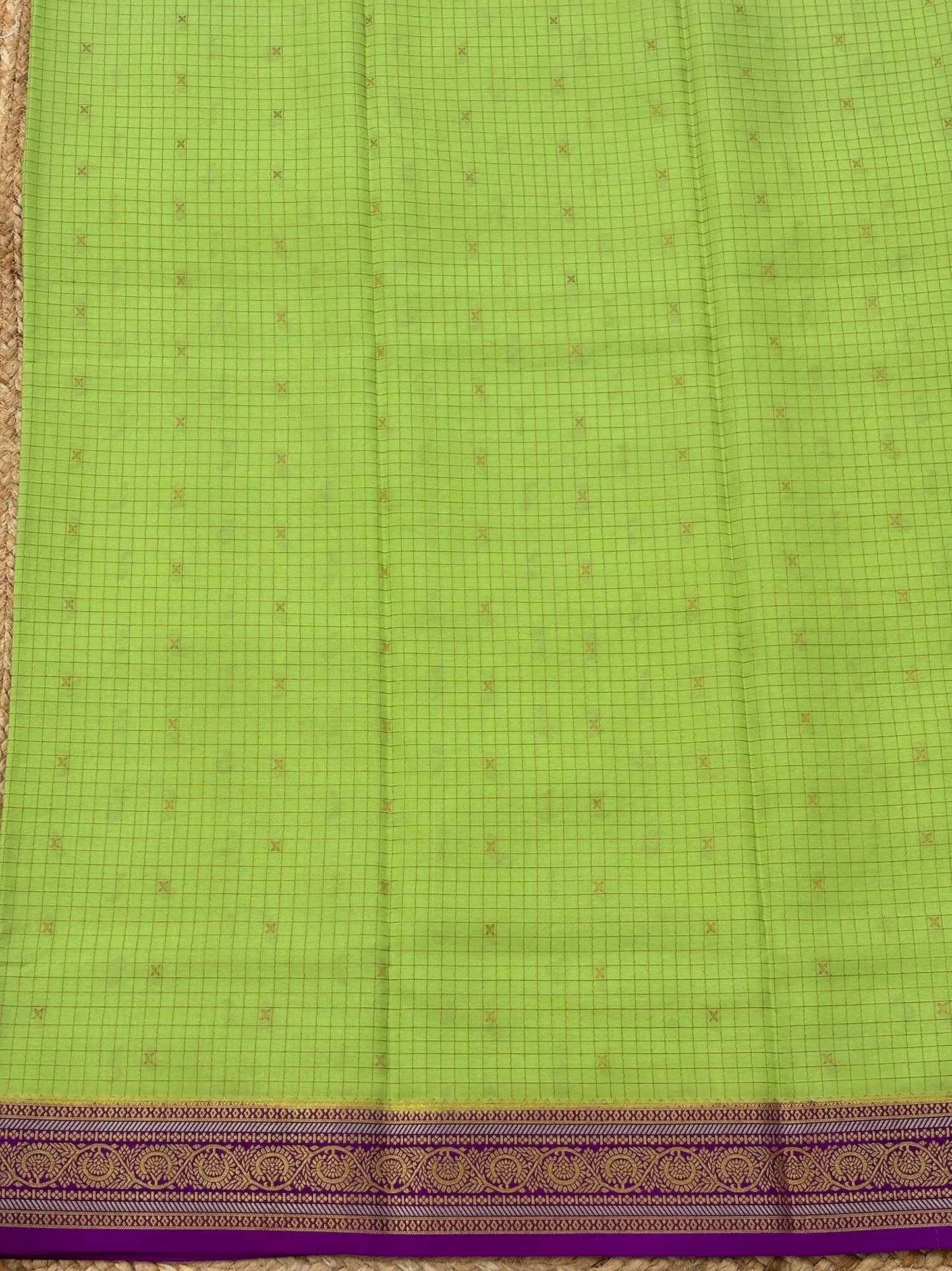 Checks Parrot Green n Royal Purple Mysore Crepe Silk
