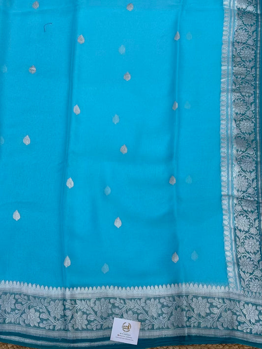 Light Blue and Dark blue banarasi pure khadi chiffon