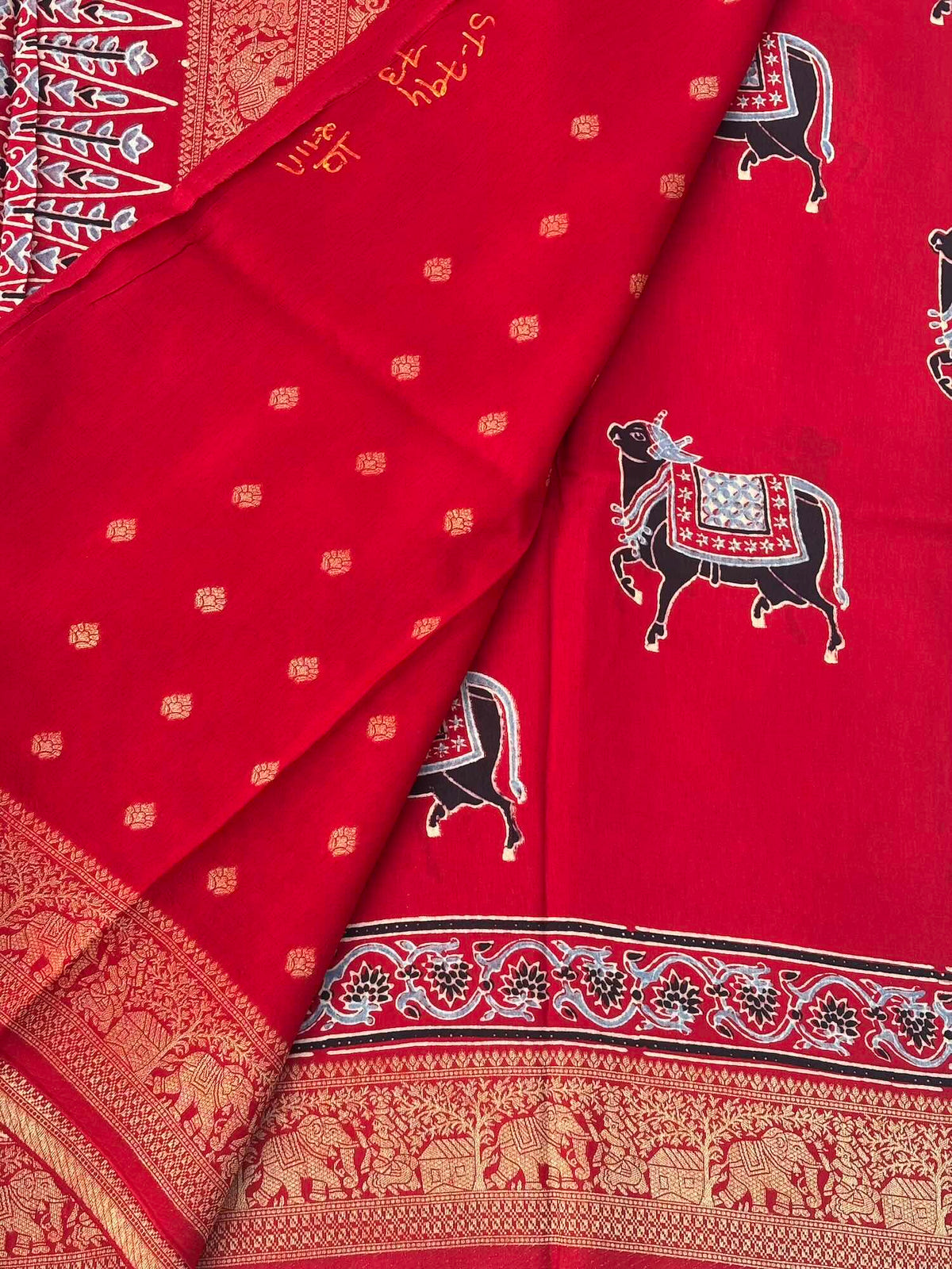 Red Cow Design Ajrak Dola Silk Saree