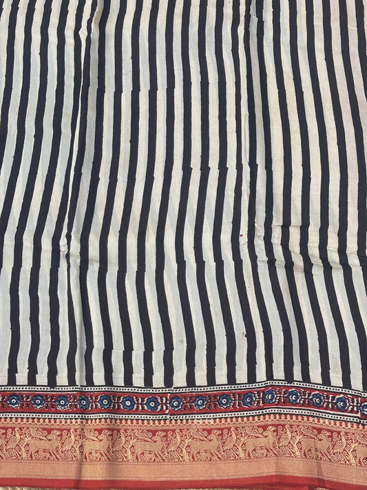 White n Black Ajrak Dola Silk Saree