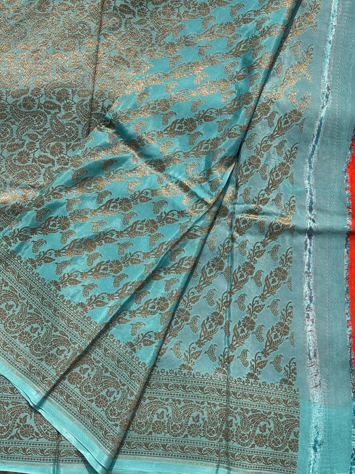 Orange n Sky Blue pure Banarasi Chiffon silk saree