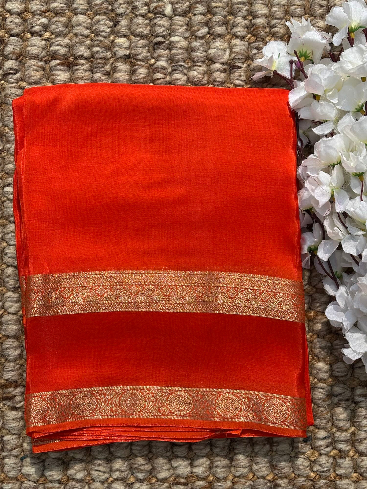 Orange Semi Crepe Gap Zari Saree