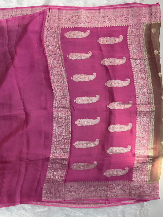 Mud Brown with Rose Pink banarasi pure khadi chiffon