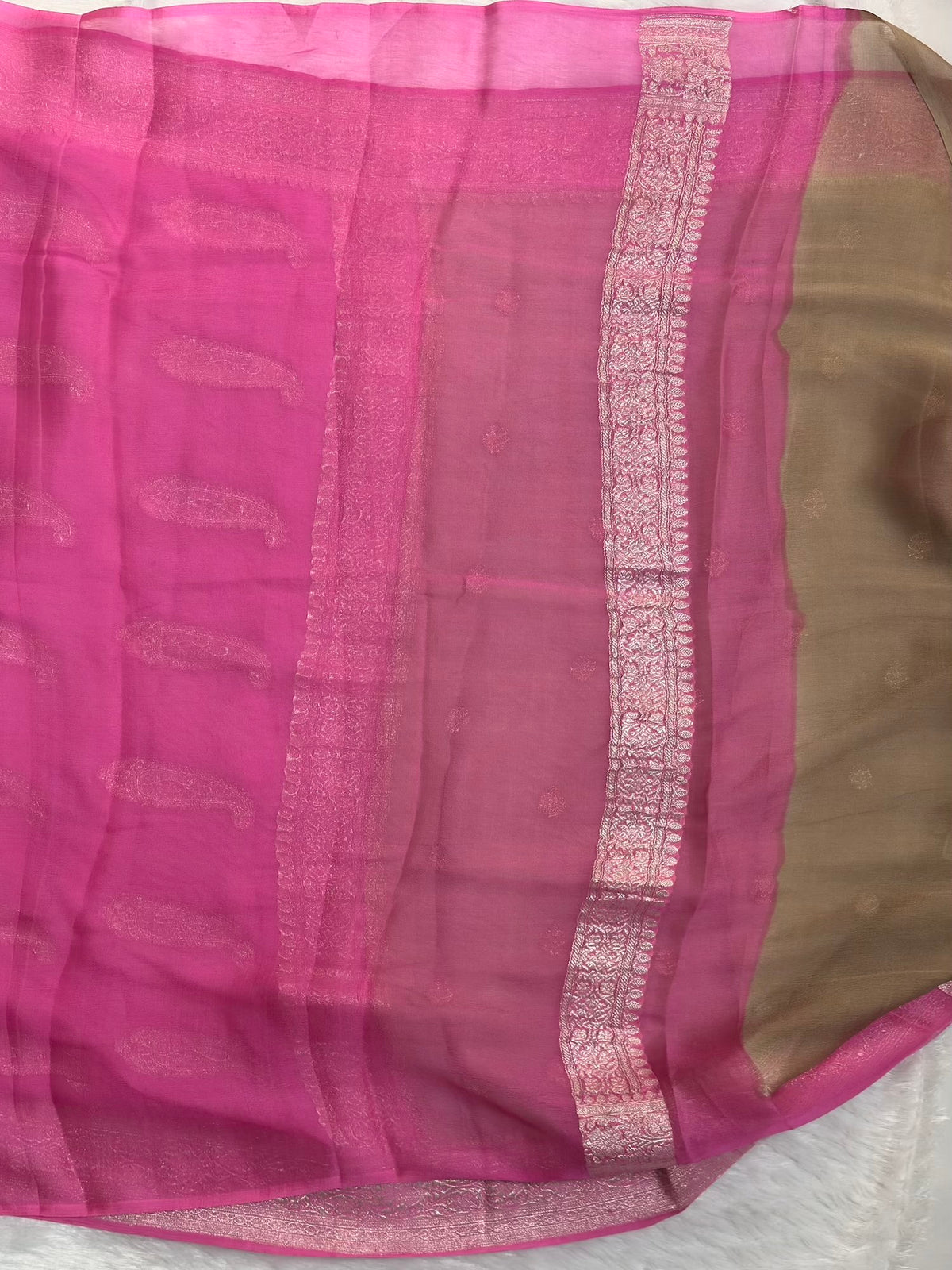 Mud Brown with Rose Pink banarasi pure khadi chiffon