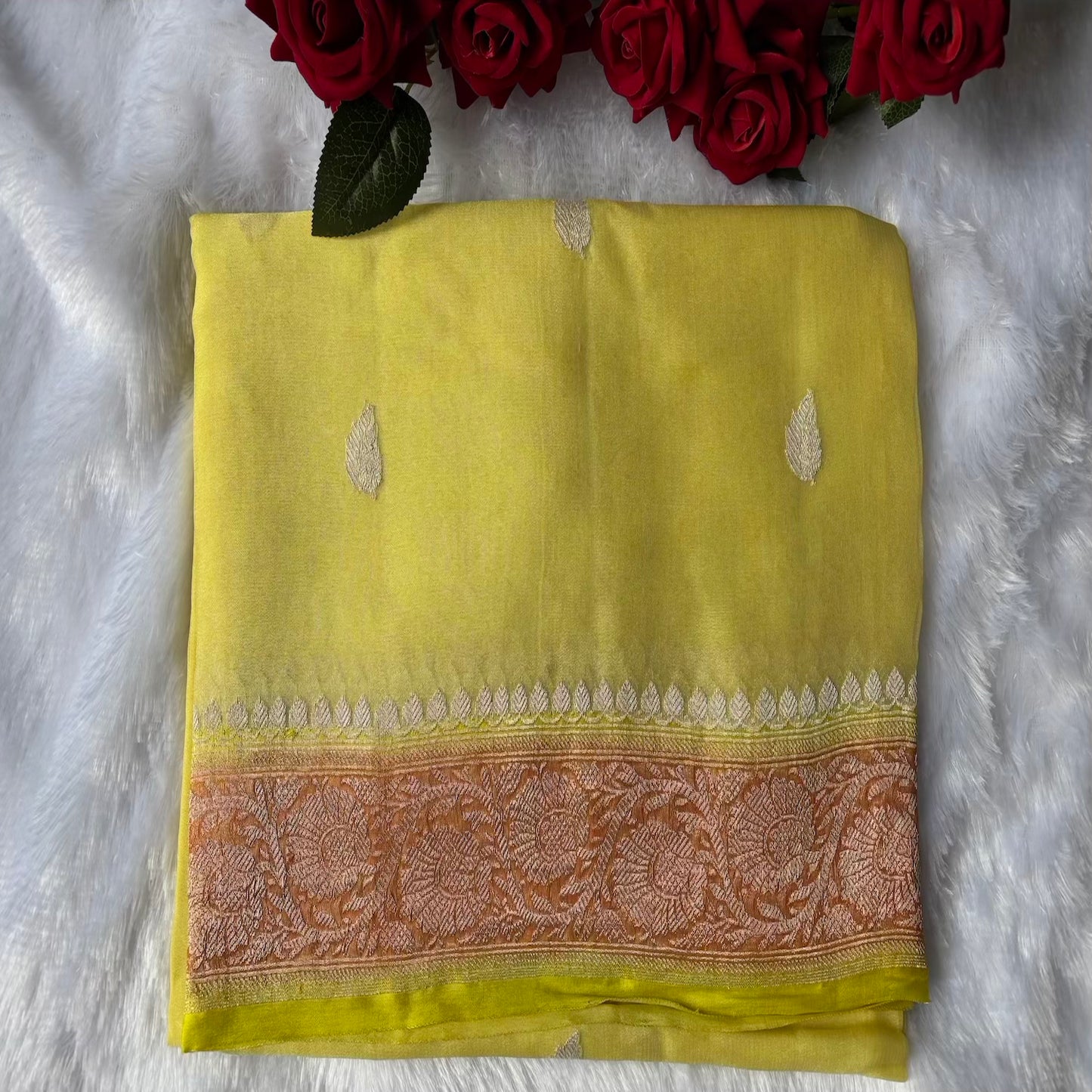 Yellow Peach 3D benarasi pure chiffon saree
