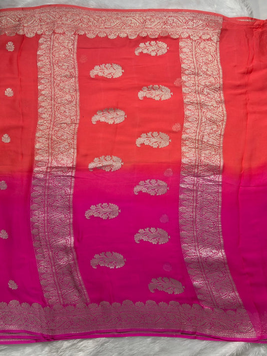 Pink and peach half n half benarasi pure chiffon saree