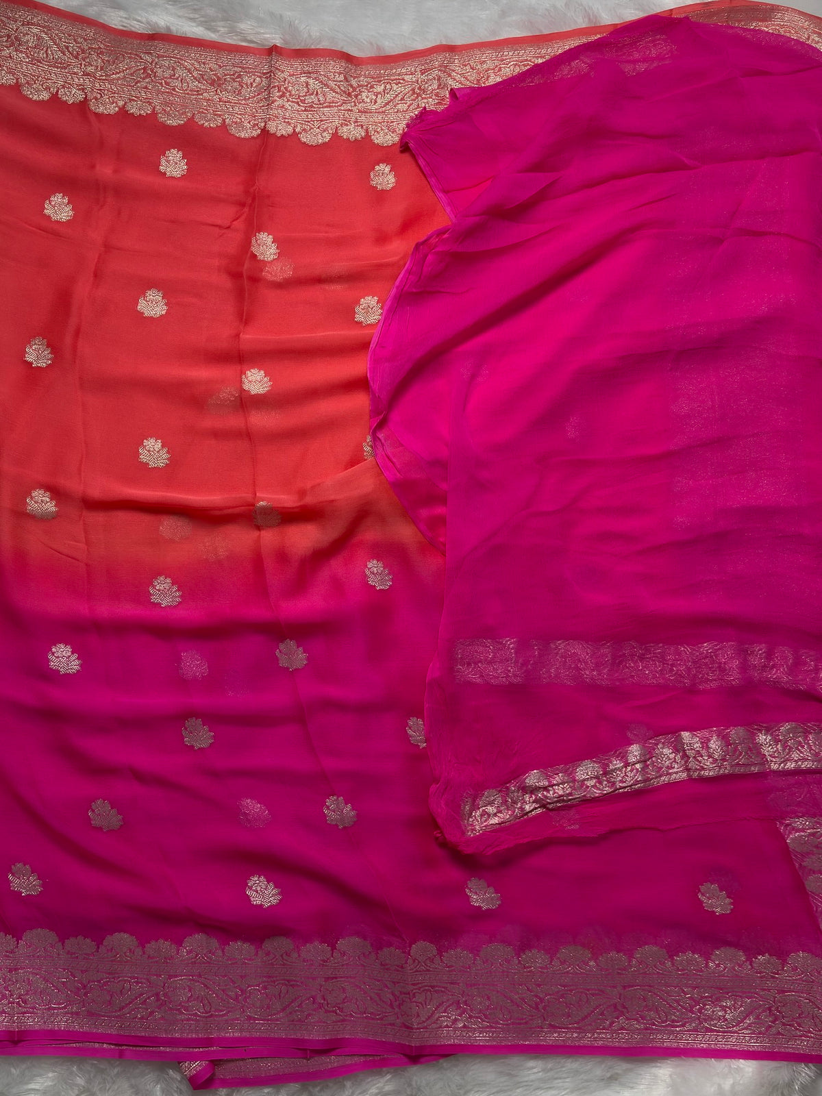 Pink and peach half n half benarasi pure chiffon saree