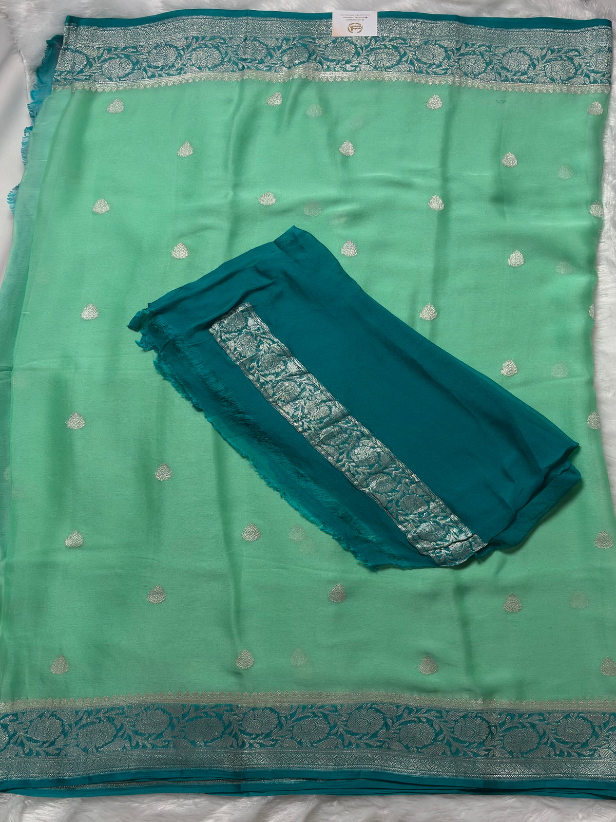 Mint Green with Teal Benarasi pure chiffon saree