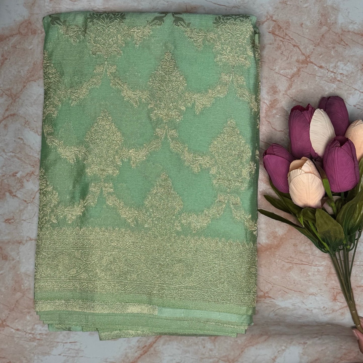 Pastel Pistachio Green Crushed georgette sarees jaal pattern