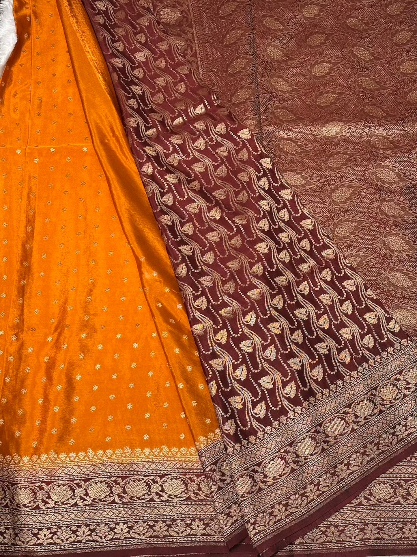 Rust Orange n Brown pure Banarasi crepe silk saree
