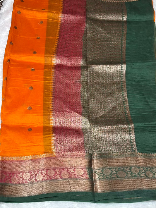 Orange Green and Red 3D pure kora organza silk saree