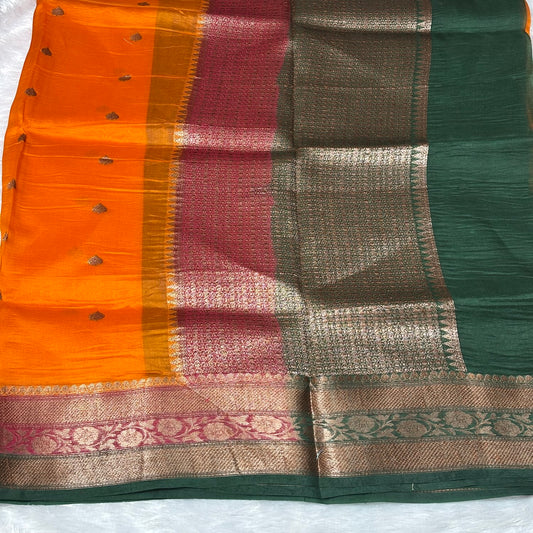 Orange Green and Red 3D pure kora organza silk saree