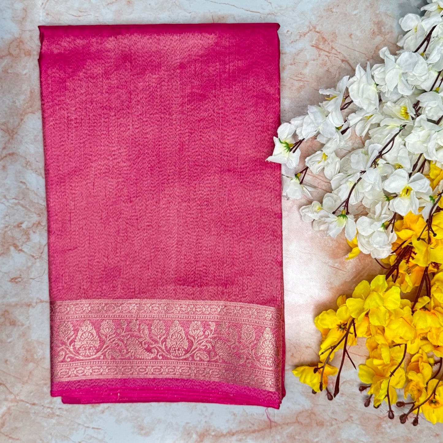 Pink golden plain Banarasi tissue saree