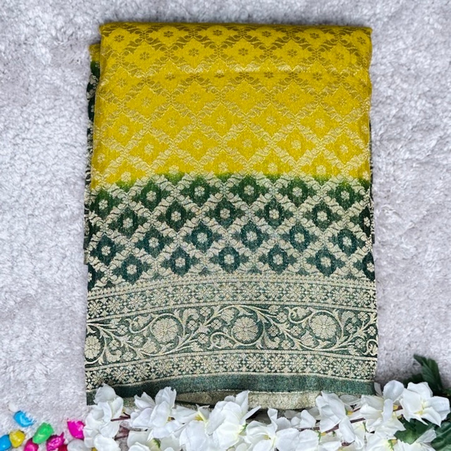 Yellow n Green Khaddi Georgette Saree