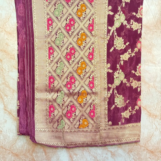 Wine Banarasi Semi Crape Jal Design Saree