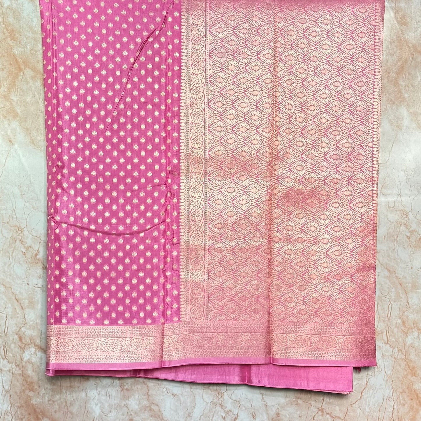 Pink Kaddi viscose Banarasi Saree with Gold Zari Buttas