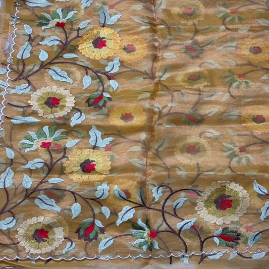 Golden Yellow Pure Tissue with Floral Embroidery