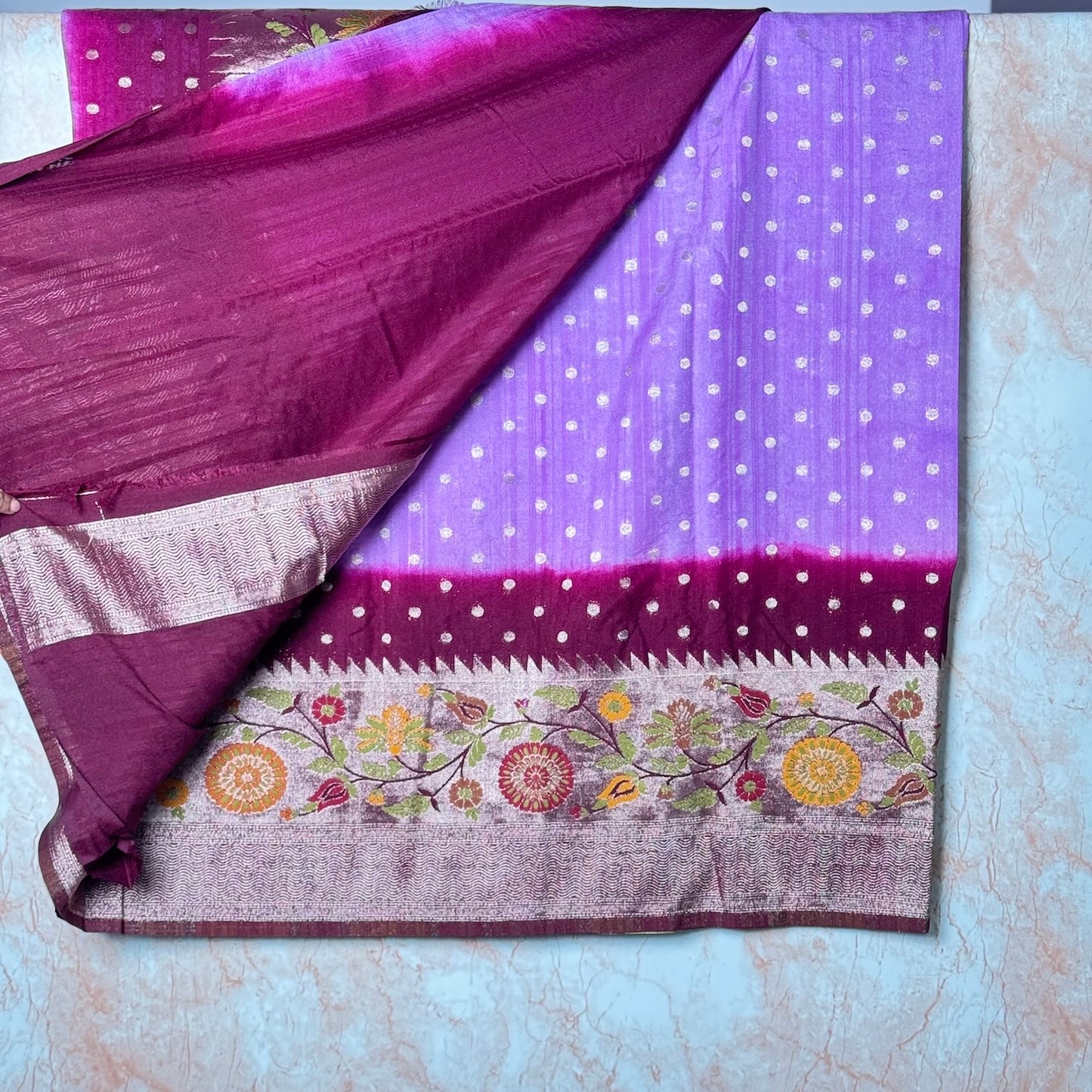 Lilac & Burgundy Semi Tussar Paithani border saree