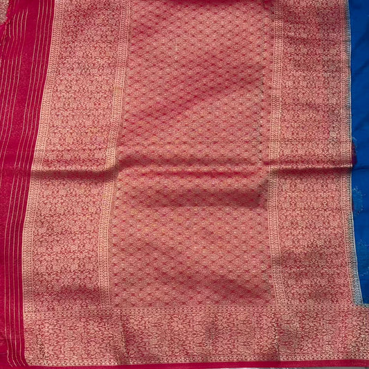 Teal Blue n Pink big butta soft chiffon saree