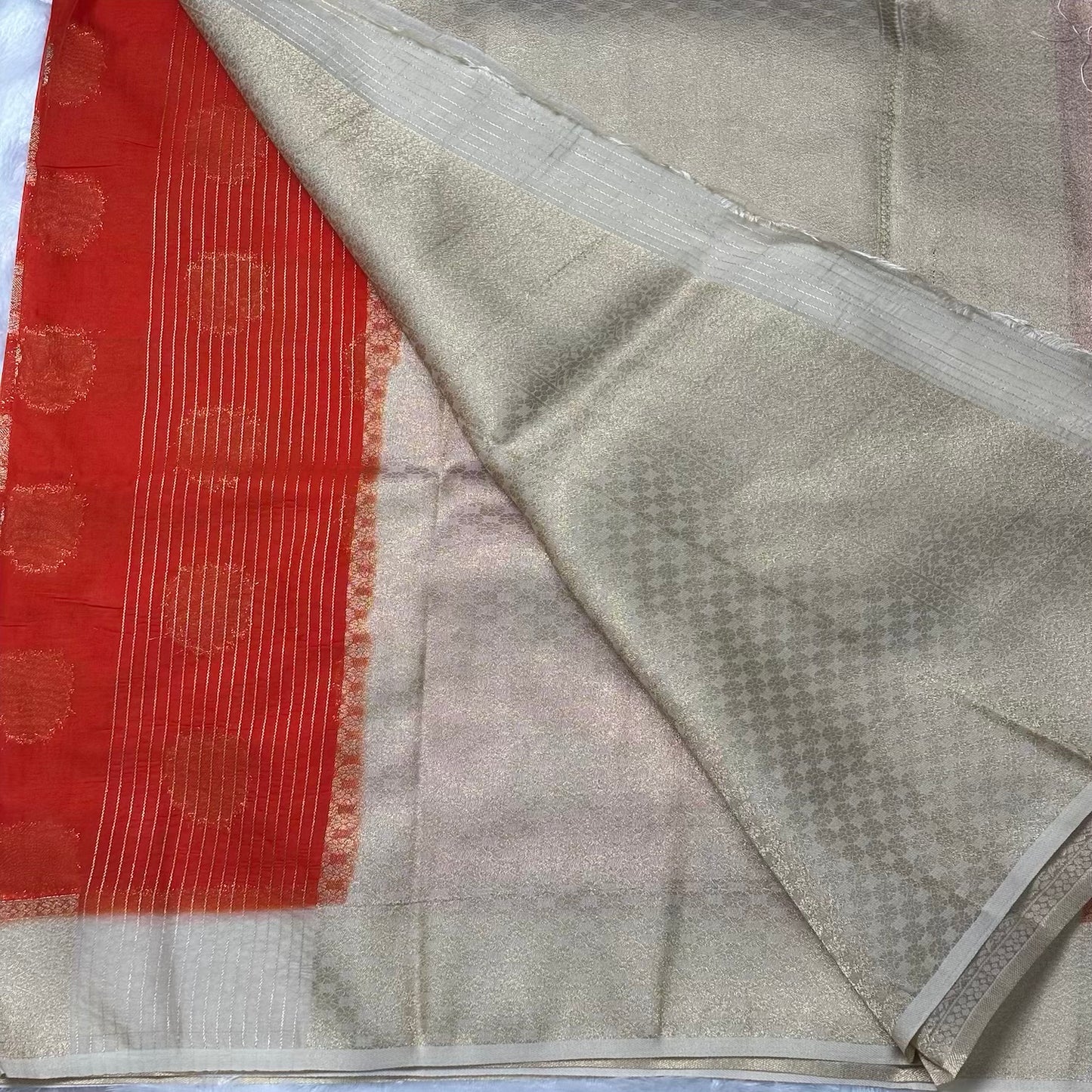Orange n Cream big butta soft chiffon saree
