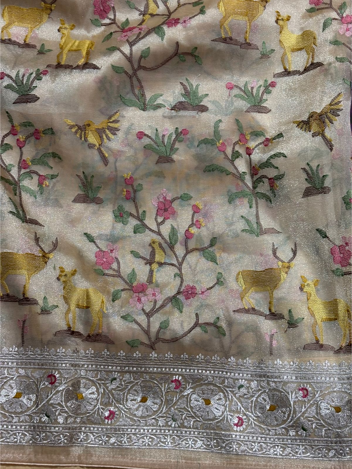 Cream Deer motifs Tissue Saree with German Silver Border