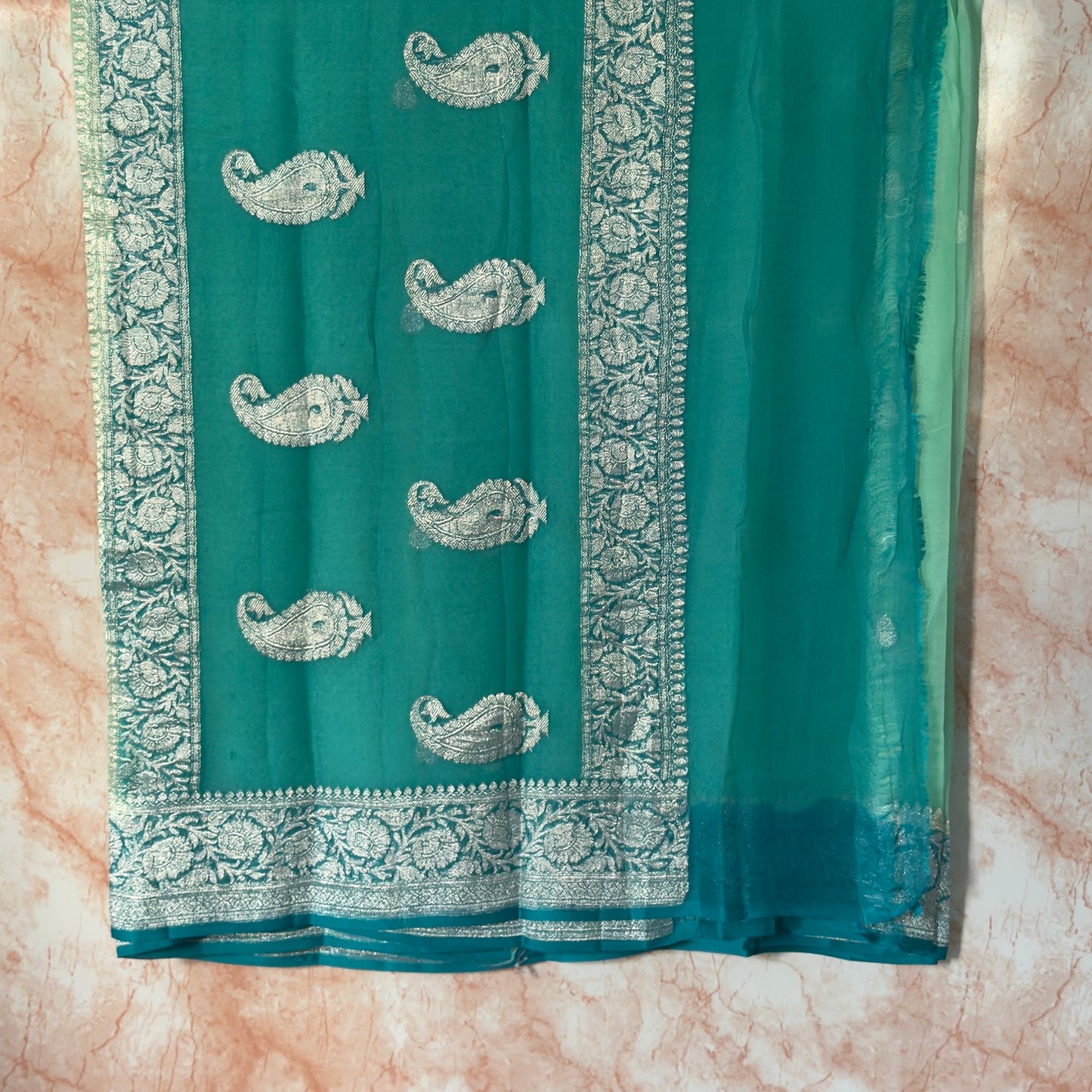 Mint Green with Teal Benarasi pure chiffon saree