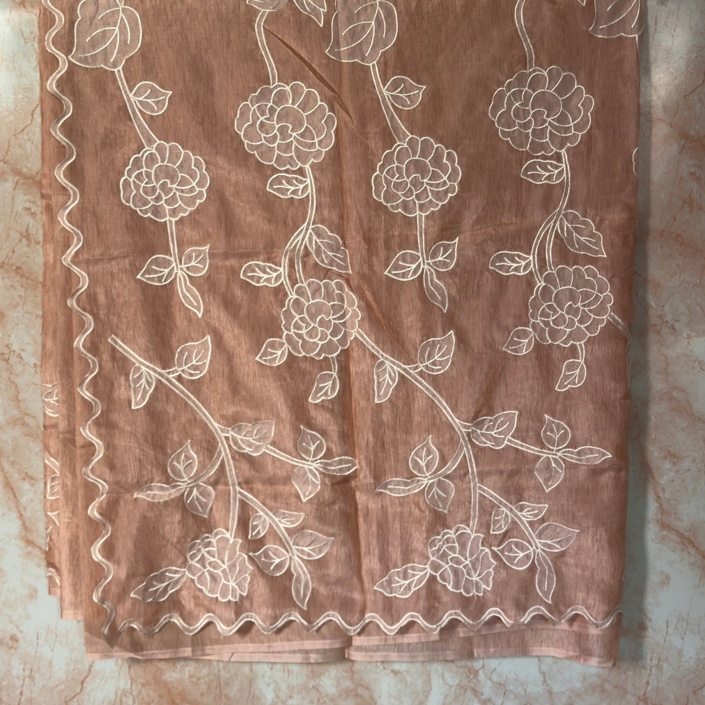 Peach Soft Tissue Organza with Applique and Scallop Work Saree