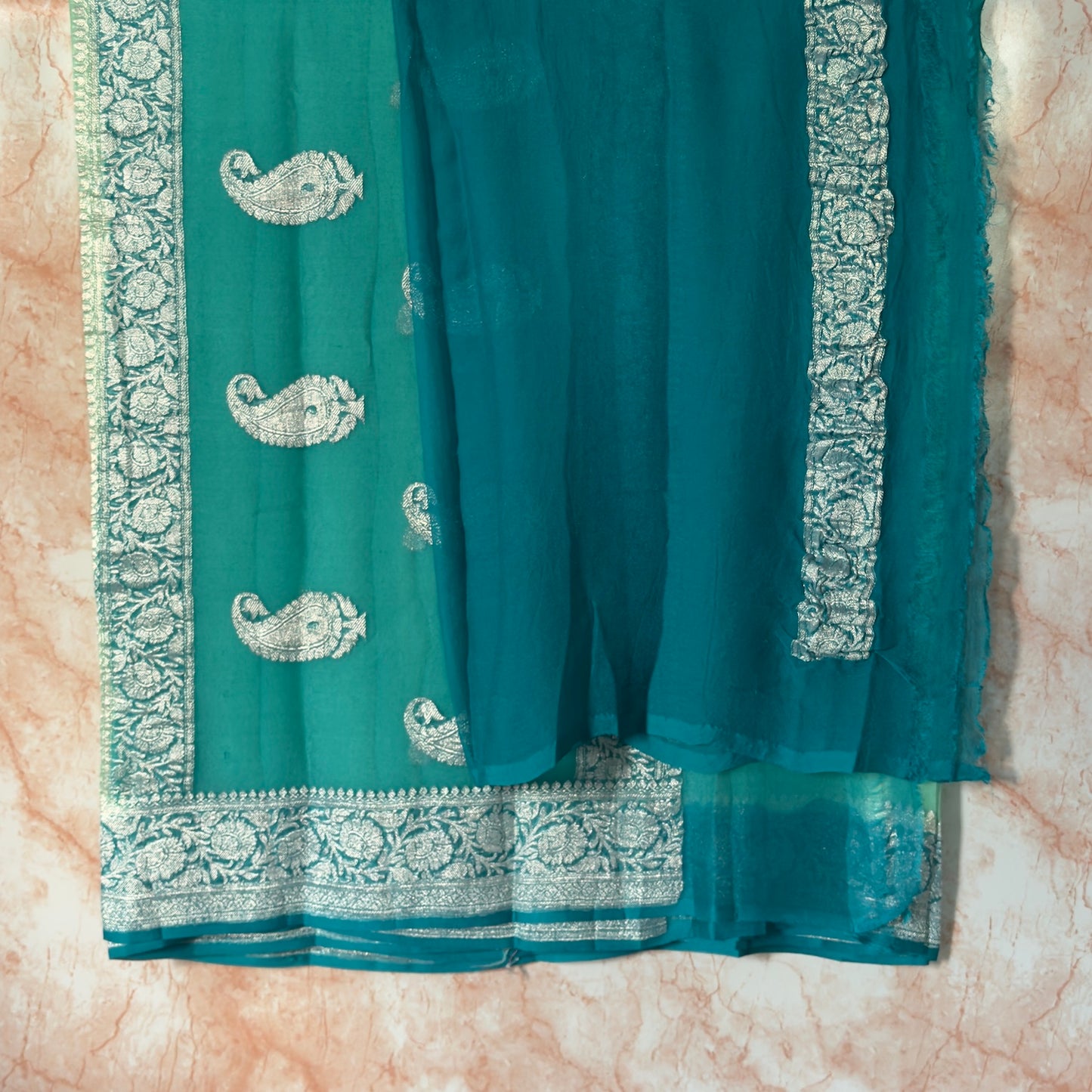 Mint Green with Teal Benarasi pure chiffon saree