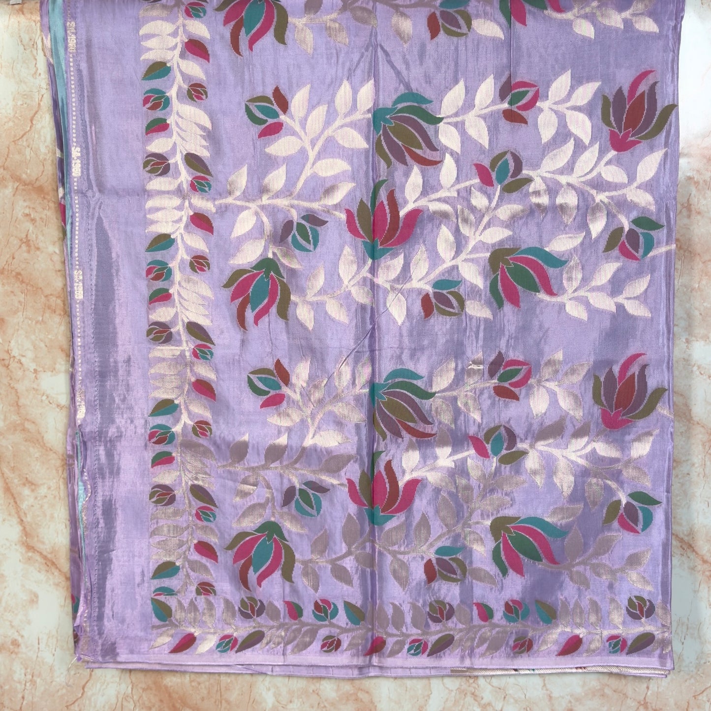 Lavender leaves and floral design Crape Saree