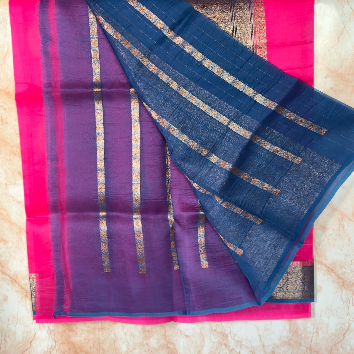 Rani Pink n Blue pure kora organza silk saree
