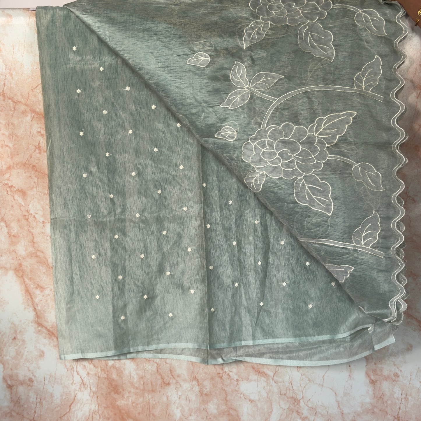 Sea Green Soft Tissue Organza with Applique and Scallop Work Saree