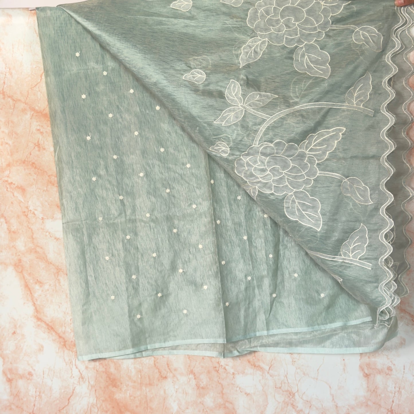 Sea Green Soft Tissue Organza with Applique and Scallop Work Saree