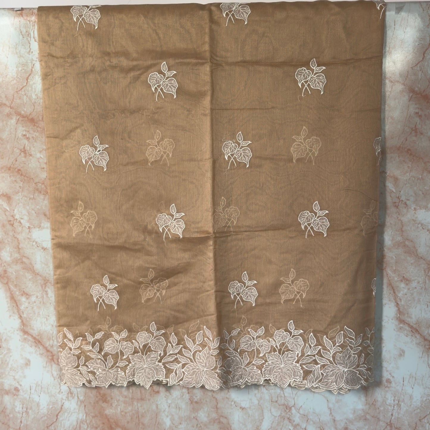 Beige Linen Applique and Scallop Work Saree