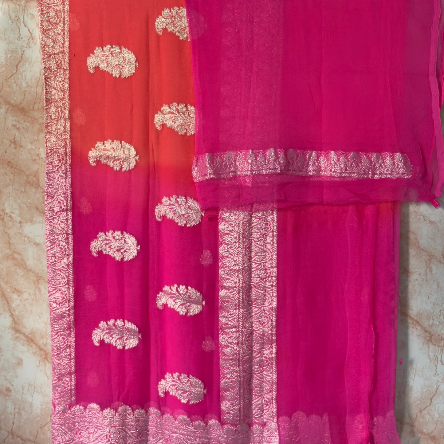 Pink and peach half n half benarasi pure chiffon saree