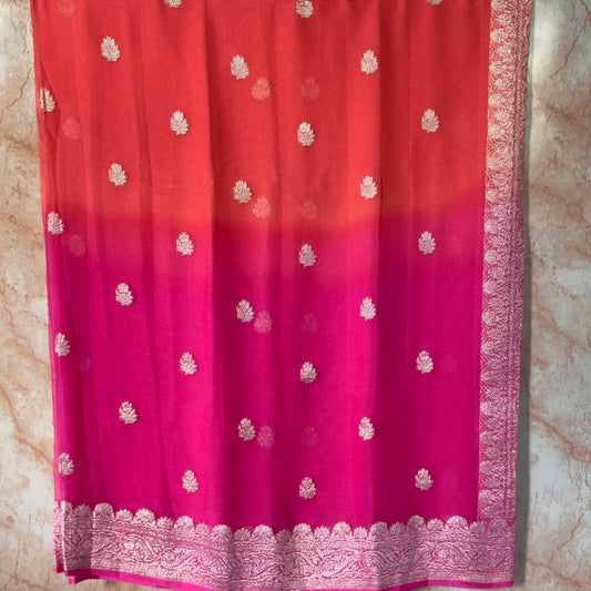 Pink and peach half n half benarasi pure chiffon saree