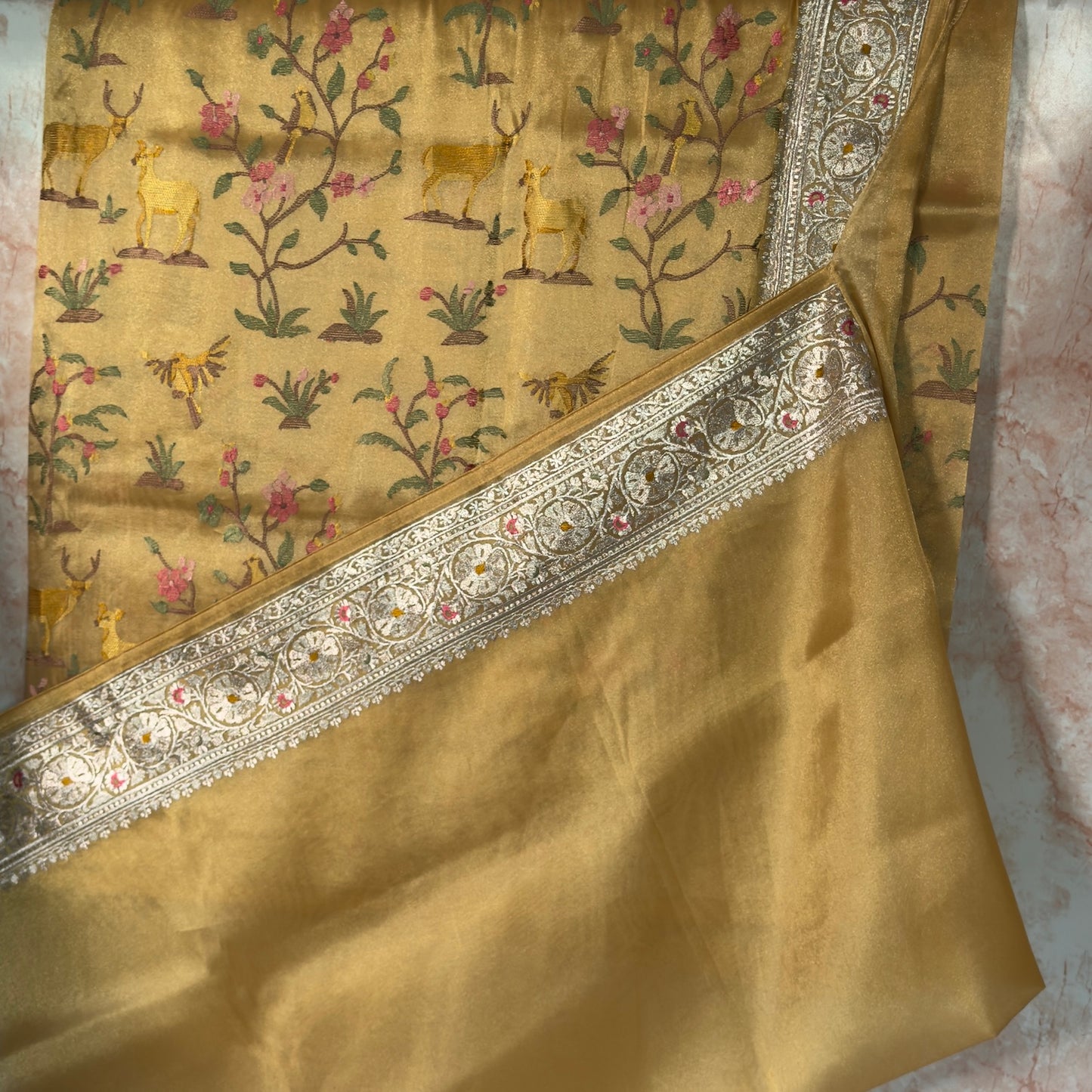Antique Yellow Deer motifs Tissue Saree with German Silver Border
