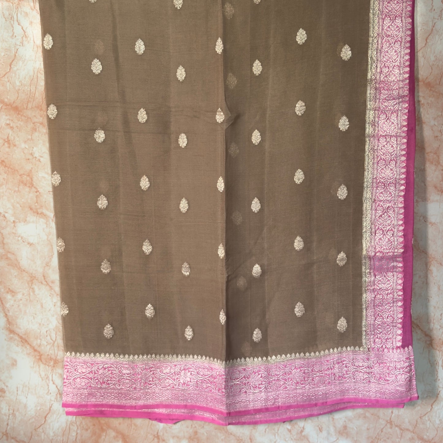 Mud Brown with Rose Pink Banarasi pure chiffon saree