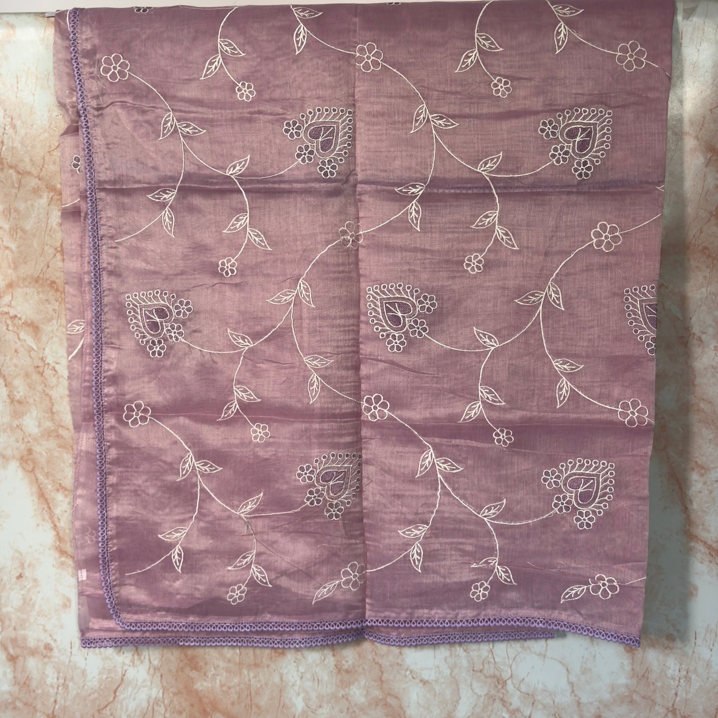 Pastel Pink Tissue Embroidered floral motif Saree